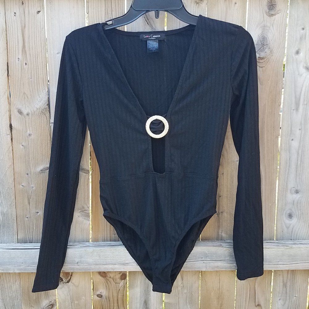 Small Black Ribbed Bodysuit Silver Accent Women's One-Piece by Love Cameron NWOT